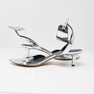 Isabel Marant Genuine Patent Leather Metallic Silver Open Toe Kitten Heels Shoes